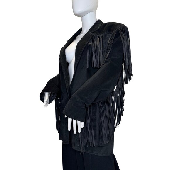 Vintage Winlit Size M Suede Fringe Jacket Black Western - Picture 2 of 13